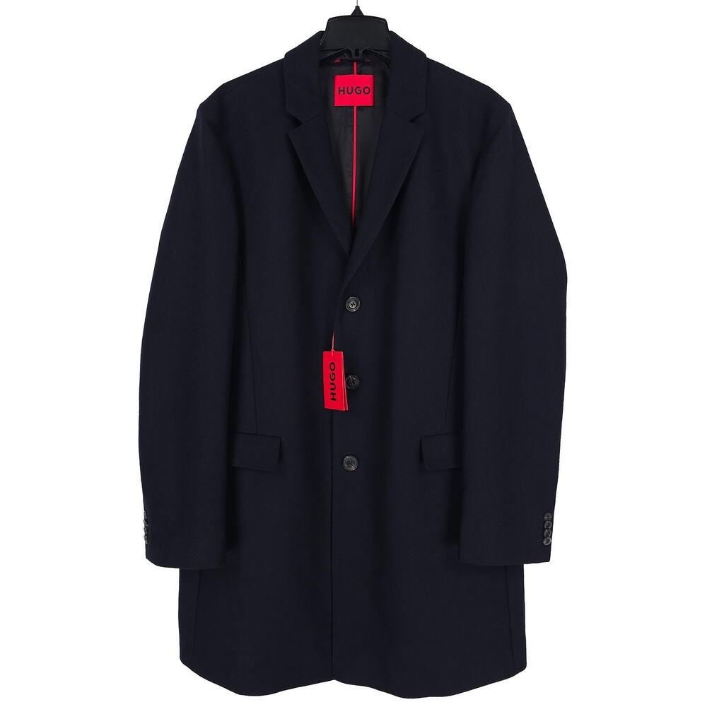 Hugo Boss Mens Migor Slim Fit Overcoat 46R Dark Blue Solid Wool Blend NWT